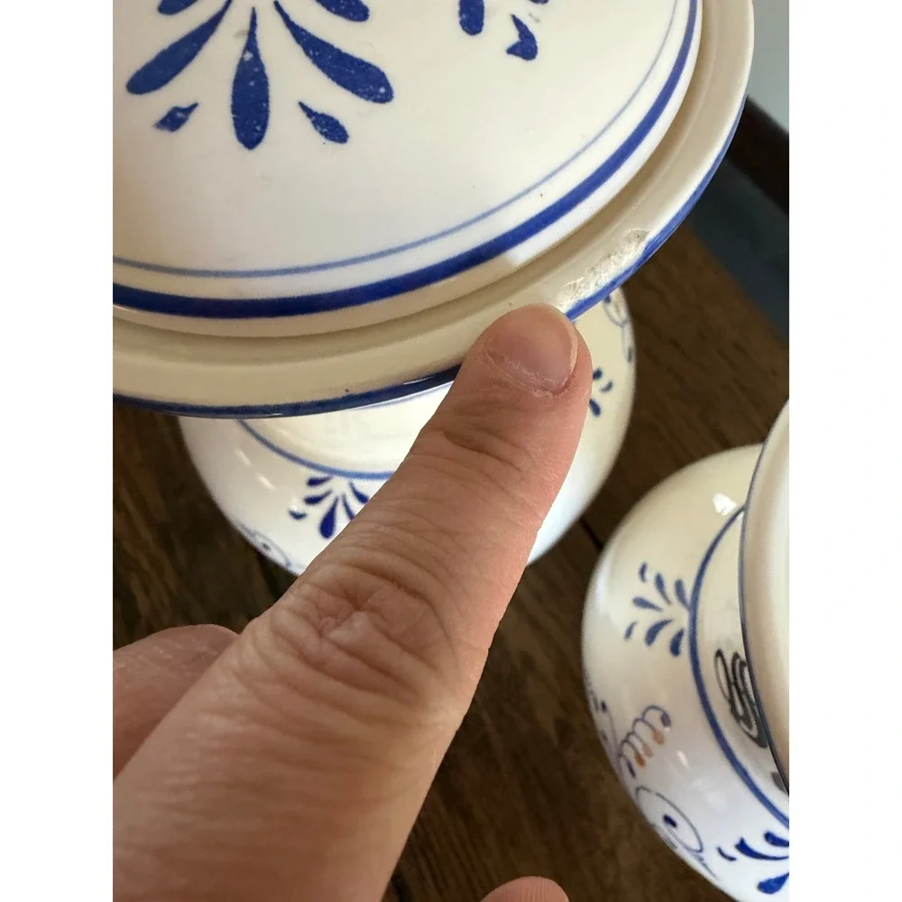 Blue Onion Style Canister Set White Blue Floral Hand Painted Flour Sugar Lids